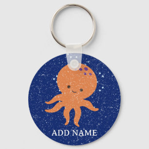 Old Paper Print Cute Octopus Cartoon Custom Name Keychain