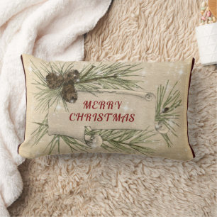  Old Paper Scroll Christmas Pinecones Pine Needles Lumbar Pillow