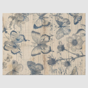 Old paper with monochrome ink butterflies roses