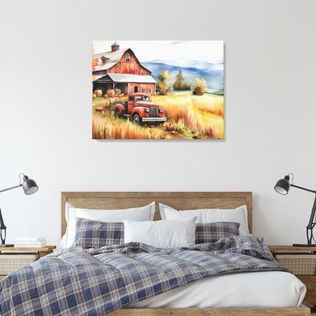 Old Pickup Truck and Red Barn in Autumn 32x24 Canvas Print (Insitu(Bedroom))