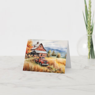 Old Pickup Truck and Red Barn in Autumn Blank Note Card