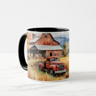 Old Pickup Truck and Red Barn in Autumn Mug