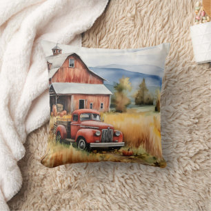 Old Pickup Truck and Red Barn in Autumn Throw Pillow