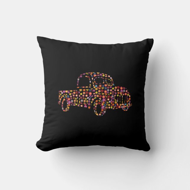 Old Pickup Truck Flower Pattern Throw Pillow (Front)