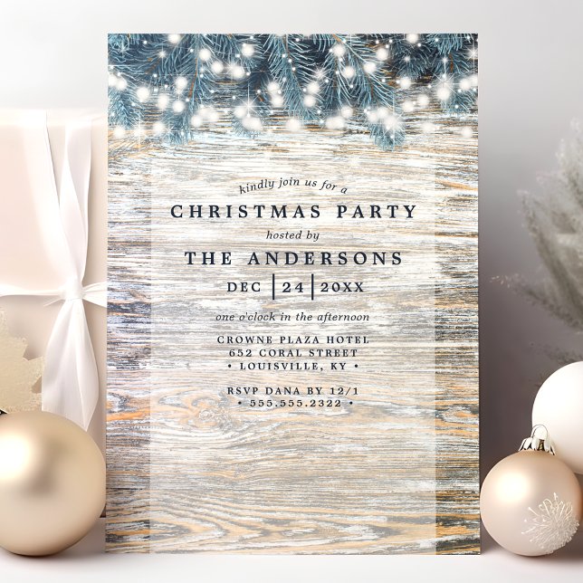 Old Pine Wood String Lights Rustic Christmas Party Invitation (Creator Uploaded)
