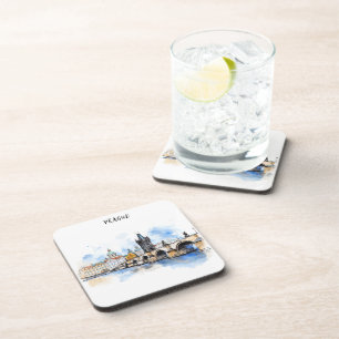 Old Prague, Charles bridge watercolor Coaster