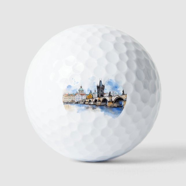 Old Prague, Charles bridge watercolor Golf Balls (Front)