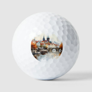Old Prague, Charles bridge watercolor Golf Balls