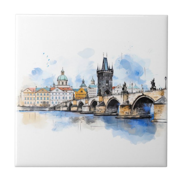 Old Prague, Charles bridge watercolor Tile (Front)