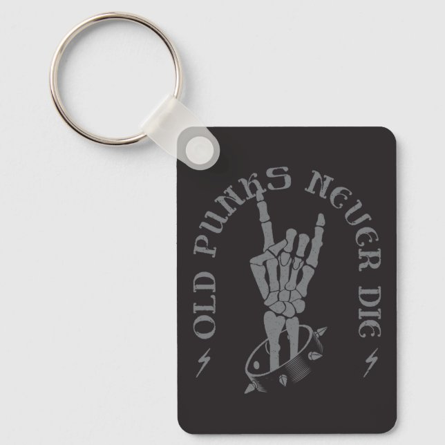 OLD PUNKS NEVER DIE - Retro Skeleton Rock On Hand  Keychain (Front)