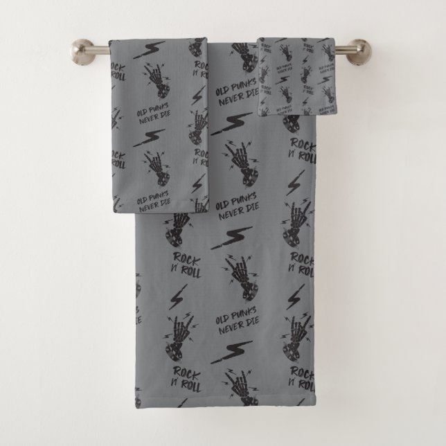 Old Punks Never Die Skeleton Rock On Gothic  Bath Towel Set (Insitu)