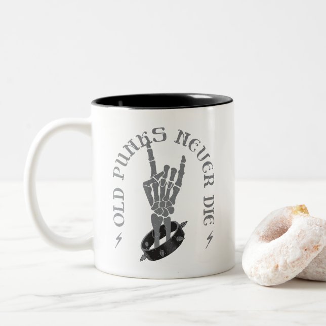 Old Punks Never Die Skeleton Rock On Gothic  Two-Tone Coffee Mug (With Donut)