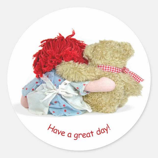 old rag doll and teddy friendship classic round sticker (Front)