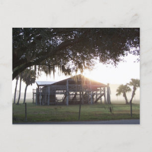 Old ranch building under trees with man statue postcard