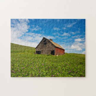 Old, red barn in field of chickpeas jigsaw puzzle