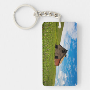 Old, red barn in field of chickpeas keychain