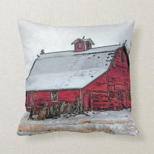 Old Red Barn In Snow Throw Pillow