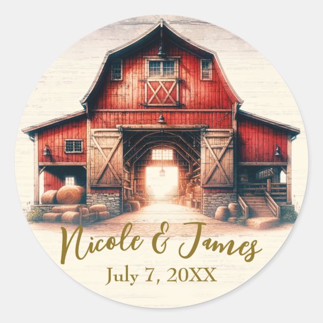 Old Red Barn Rustic Country Wedding Classic Round Sticker (Front)