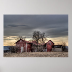 Old Red Barn Winter Trees HDR Photography Poster