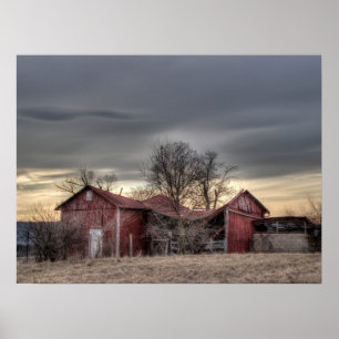 Old Red Barn Winter Trees HDR Photography Poster
