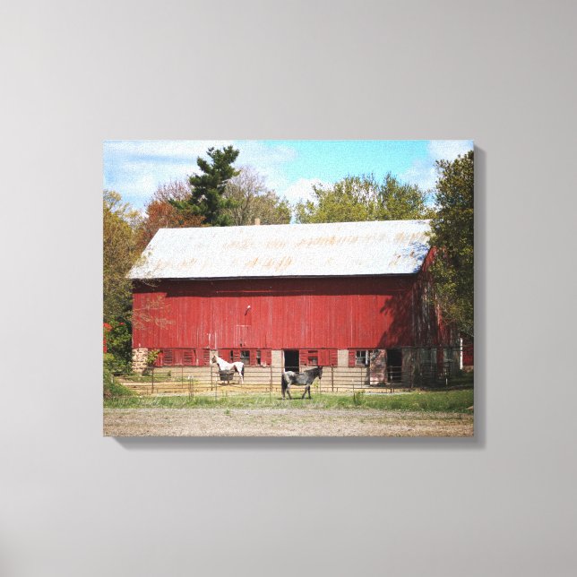 Old Red Barn with Horses Colour 16x20 Canvas Print (Front)
