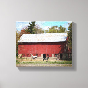 Old Red Barn with Horses Colour 8x10 Canvas Print