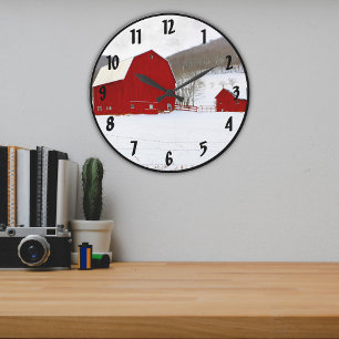 Old Red Barns Farm in a Snowy Scenic Winter Scene Large Clock