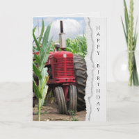 old red farm tractor in cornfield birthday