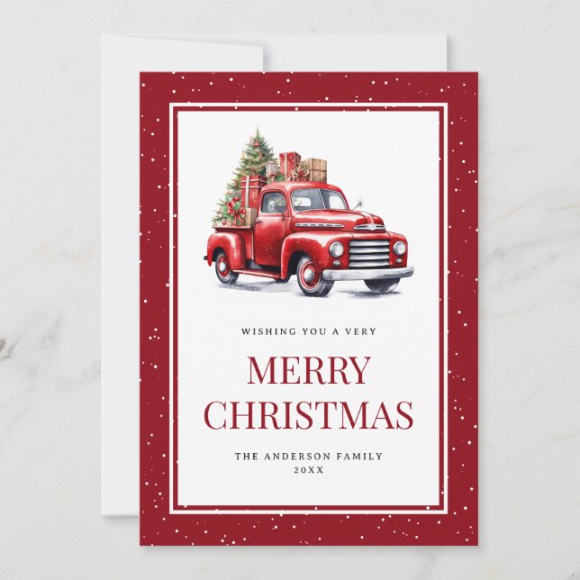 Old Red Farm Truck Christmas Tree Gifts Snow Holiday Card (Front)