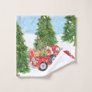 Old Red PickUp Truck Going Through Snow Bath Towel Set