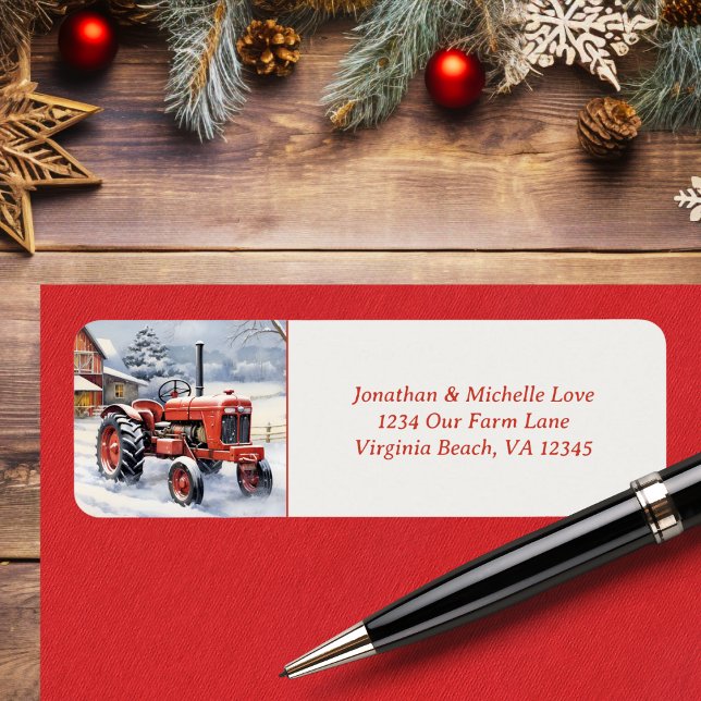 Old Red Tractor Snowy Winter Farm Address (Old Red Tractor Snowy Winter Farm Address Label)