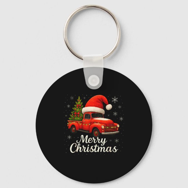 Old Red Truck Santa Hat Xmas Tree Merry Christmas  Keychain (Front)