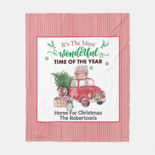 Old Red Truck Tree Home For Christmas Throw Blank Fleece Blanket