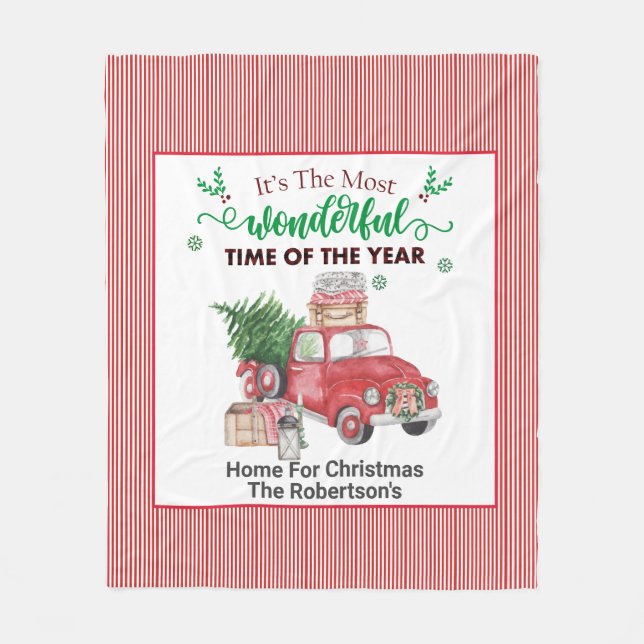 Old Red Truck Tree Home For Christmas  Throw Blank Fleece Blanket (Front)