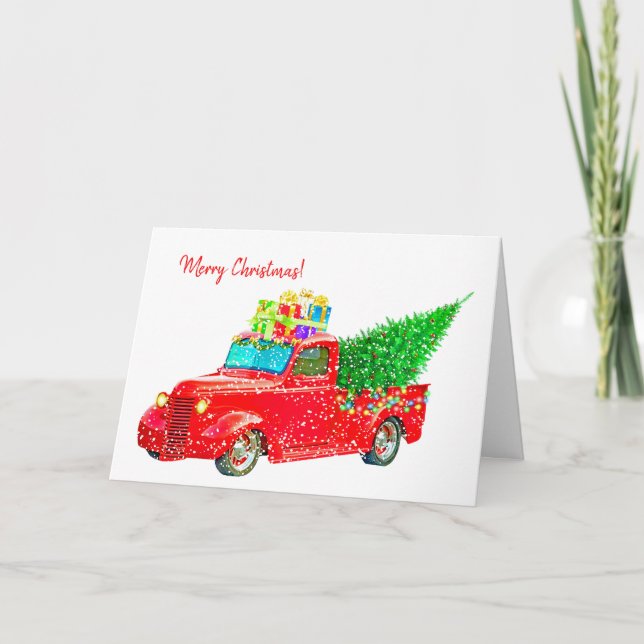 Old Red Truck with Christmas Tree and Gifts Holiday Card (Front)