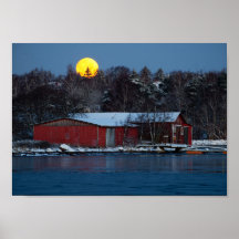 Old red wooden boathouse with full moon poster
