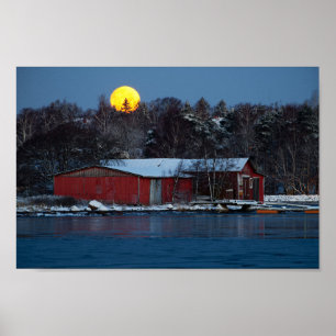 Old red wooden boathouse with full moon poster