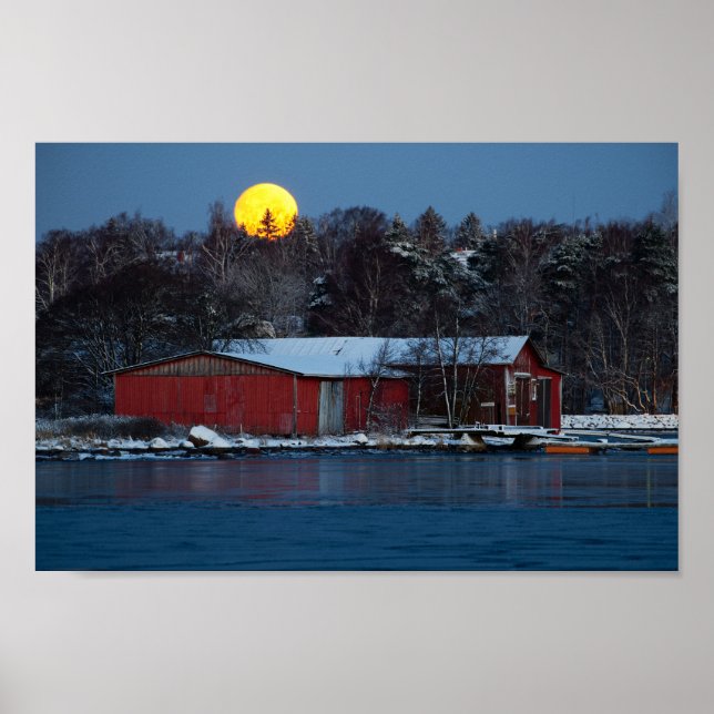 Old red wooden boathouse with full moon poster (Front)