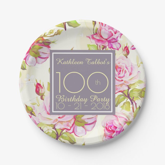 Old Roses 100th Birthday Party Paper Plate (Front)