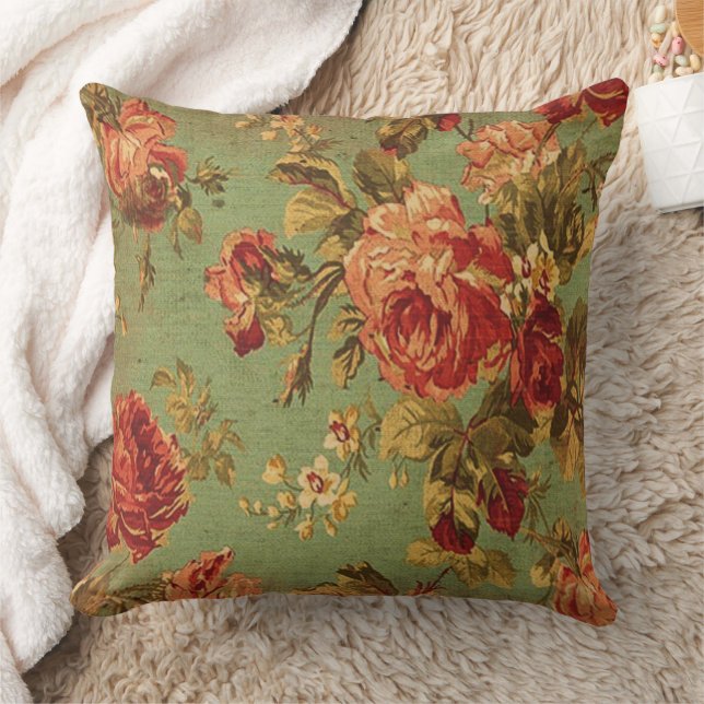 Old Roses on Green Square Pillow (Blanket)
