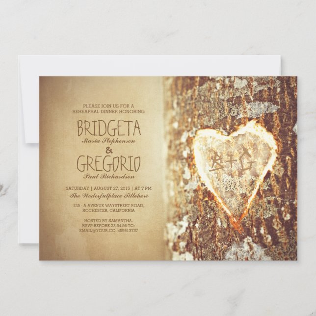 old rustic tree heart rehearsal dinner invitations (Front)