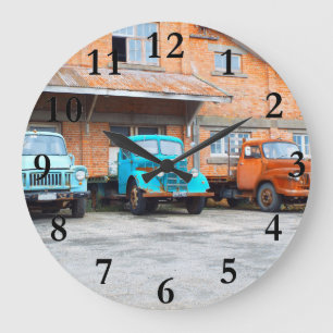 old rusty farm trucks in field big large clock