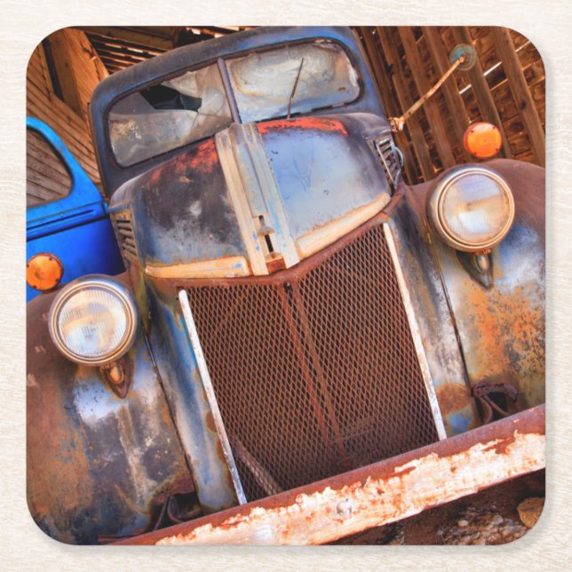 Old rusty truck on a farm square paper coaster (Front)