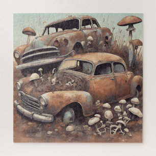 Old Rusty Vintage Cars and Mushrooms Jigsaw Puzzle