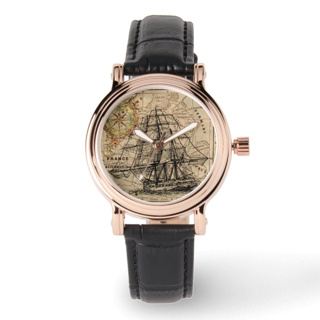 Old Sailing Ship and Map Wrist Watch (Front)