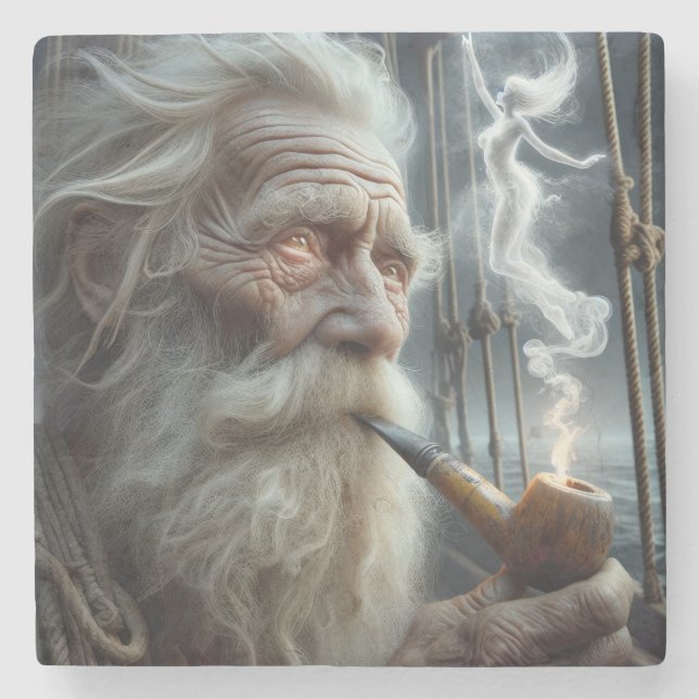 Old Sailor Smoking a Pipe Stone Coaster (Front)
