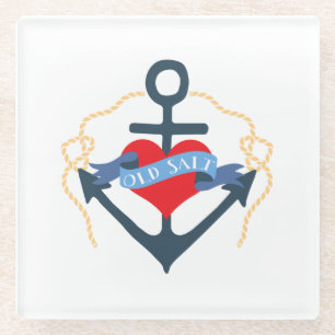 Old Salt Ship Anchor and Heart Glass Coaster