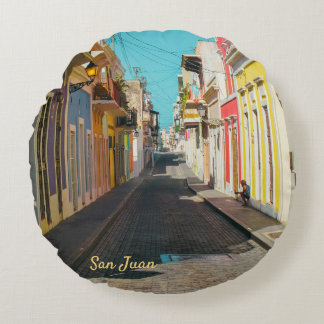 Old San Juan Cobblestone Street Photography Round Pillow
