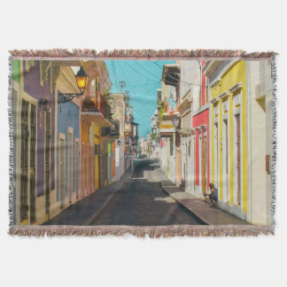 Old San Juan Cobblestone Street Photography Throw Blanket