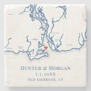 Old Saybrook CT Map Navy Blue Wedding Stone Coaster